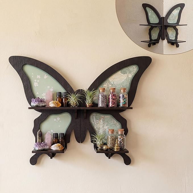 Crystal Display Shelf, Wooden Wall Shelf for Bedroom Living Room, Cottagecore Decor Floating Shelf, Trinket Shelf, Wall Art Gift, Knick Knack Shelf for Perfume, Collectibles and Essential Oils
