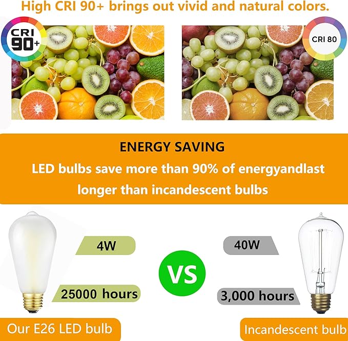 E26 Frosted LED Edison Bulbs, 4W, Equivalent 40W, Soft White 3000K,400LM,AC120V,Dimmable ST58 Frosted Vintage Bulbs with 90+ CRI, Pack of 6 (4W=40W Soft White)