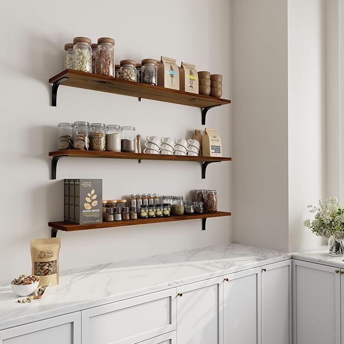 12 Inch Deep Floating Shelves Set of 3, 48 Inch Extra Wide Rustic Walnut Solid Wood Wall Shelves, 4ft Heavy Duty Farmhouse Wall Mounted Shelving for Kitchen, Living Room & Bedroom