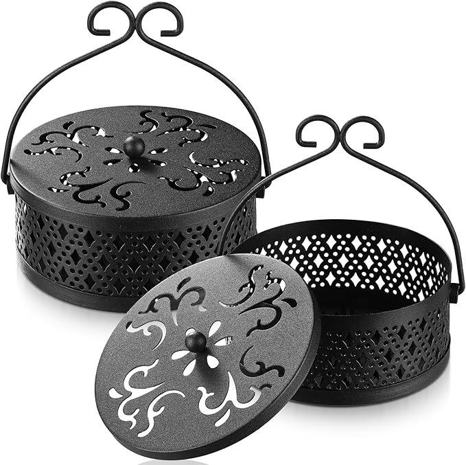 Lallisa 2 Pieces Incense Coil Holder Mosquito Coil Holder Retro Portable Round Metal Hanging Incense Burner Holders with Handle for Home Indoor Outdoor Camping Patio (Black)