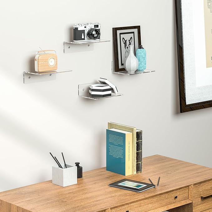 9 Inch Clear Wall Shelves, Acrylic Small Floating Shelf, Home Wall Display Shelf for Storage, Room Décor, Space Saving, Items Organizer, Bathroom Organizer, 4 Pack