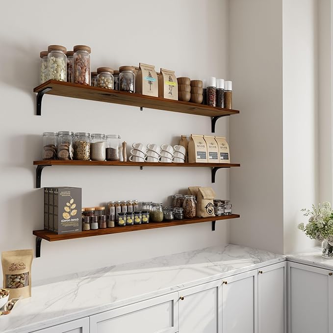 12 Inch Deep Floating Shelves Set of 3, 60 Inch Extra Wide Rustic Walnut Solid Wood Wall Shelves, 5ft Heavy Duty Farmhouse Wall Mounted Shelving for Kitchen, Living Room & Bedroom