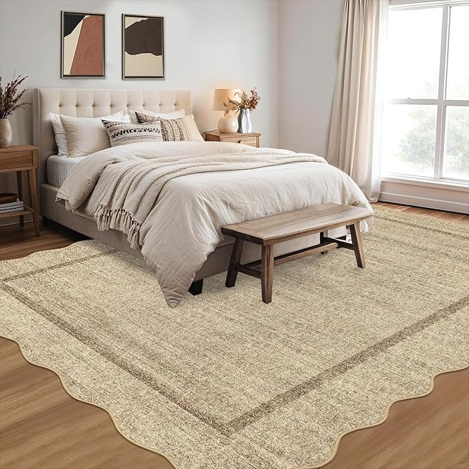 GarveeHome Scalloped Washable Area Rug 6x9 Rug for Living Room Modern Rug Non Slip Throw Rugs Large Rugs for Bedroom Low Pile Non Shedding Stain Resistant Carpet for Dining Room 6 ft x9 ft Jute