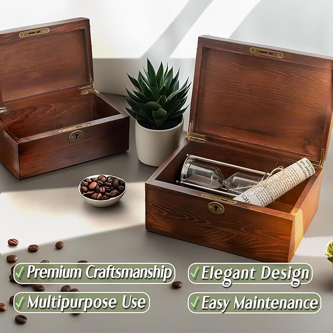 Wooden Box with Hinged Lid - 2 Pack - Vintage Decorative & Lockable Chest - for Keepsakes, Valuables, Accessories, Treasured Items - Walnut-Like Wood Finish, Aged Brass Hinges & Antique Lock