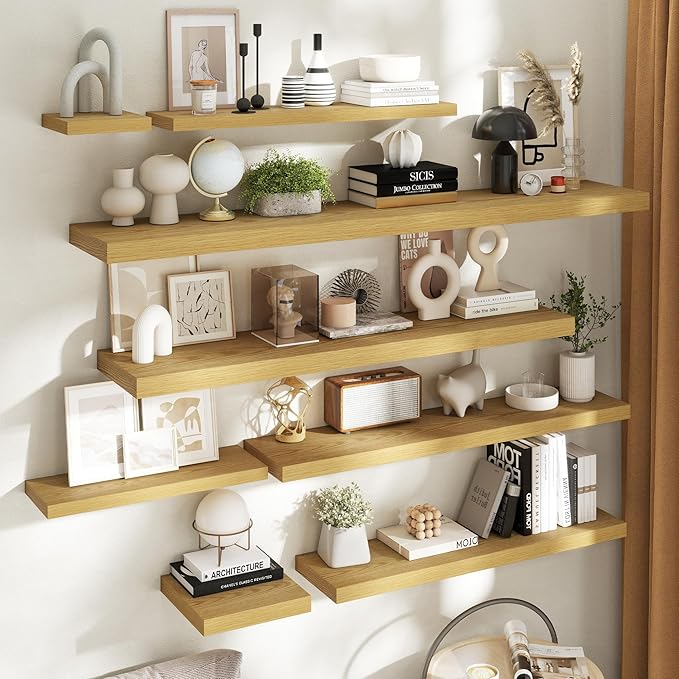 72 Inch Floating Shelves for Wall with Invisible Brackets Set of 2, 12"D Engineered Wood Wall Shelves with Wood Grain for Living Room, Bedroom, Bathroom, Kitchen Decor and Storage, Oak Finish