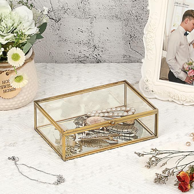 Glass Vatage Glass Box Gold Mirror Jewelry Box Lidded Keepsake Boxes Trinket Case for Ring Earring Storage Decorative Jewelry Organizer for Dresser Bathroom Office, 6.3x 4.3x 2 Inch