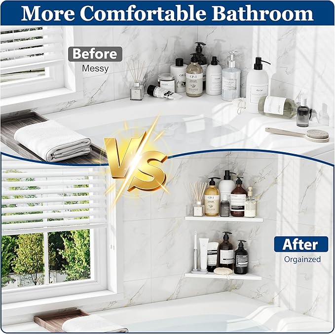 Qeke Corner Shower Shelves, 10” Recessed Tile Shower Shelf, 304 Stainless Steel Grout in Corner Tile Shower Shelves, No Drilling, Matte White, 2 Pack
