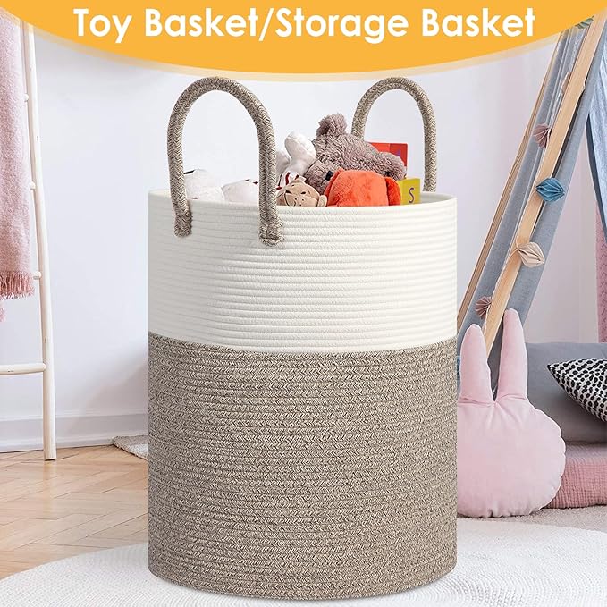 Large Woven Laundry Basket Hamper, 60L Cotton Rope Storage Basket for Blankets in Living Room, Decorative Tall Nursery Hamper for Clothes and Toys, White and Brown