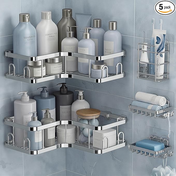 Veken Corner Shower Caddy 5-Pack, Advanced Rustproof Design, No Drilling Adhesive Shelves, Rack with Soap Holder, Large Capacity Bathroom Organizers and Storage, Wall-Mounted Kitchen&Home Decor,Silver