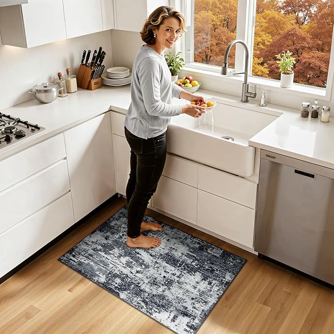 RELEANY Washable Area Rugs 2'x3' Non-Slip Modern Abstract Soft for Living Room Entryway Bedroom Nursery, Print Pattern, Black Navy Blue Gray
