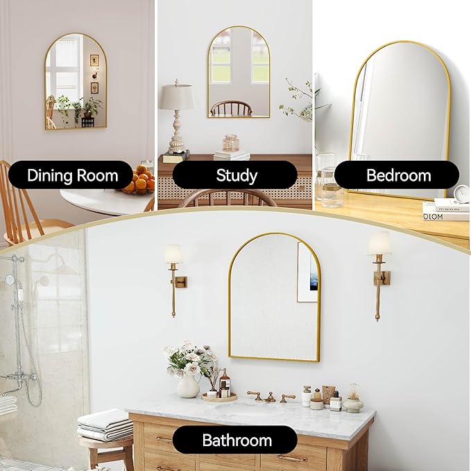 SCWF-GZ 30x20 Arch Mirror Rectangle Wall Mounted Hanging or Against Wall Metal Aluminum Alloy Frame Mirrors for Entryway Bedroom Bathroom Living Room 30 20 inch Gold