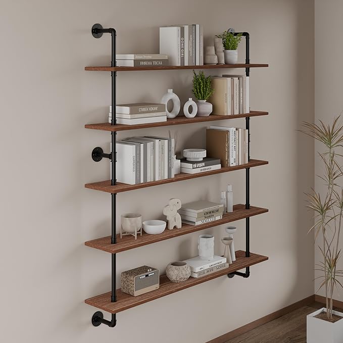 HDDFER Floating Shelves for Wall Bookshelf Industrial Pipe Shelving Shelves 48 Inch 5 Tier Natural Wood Planks Rustic Wall Shelves Hanging Bookshelves Farmhouse Kitchen Shelving