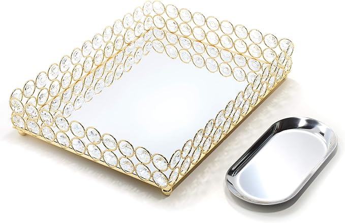 Decorative Tray Metal Mirrored Vanity Trays Crystal Ornate Perfume Jewelry Makeup Dish Dresser Countertop Organizer for Home Decoration & Holiday Party (Rectangle, 12x9in, Gold)