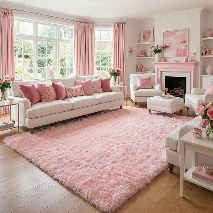 Pink Area Rugs for Bedroom Living Room, 5x8 Aesthetic Room Decor for Teen Girls, Soft Fluffy Cute Rug for Kids Room, Classroom, Fuzzy Shag Kawaii Carpet for Playroom, Baby Nursery, Plush Throw Rug