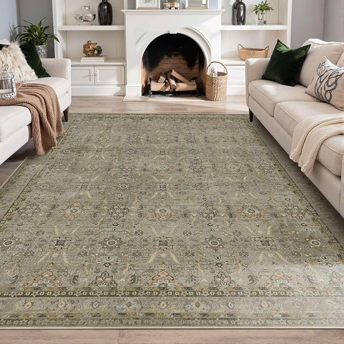 Rugxara 8x10 Area Rugs for Living Room Bedroom, Large Washable Rug, Vintage Floral Boho Rug, Non Slip & Low Pile Faux Wool Thin Carpet for Indoor Dining Room and Kids Room(Olive Brown 8x10ft)