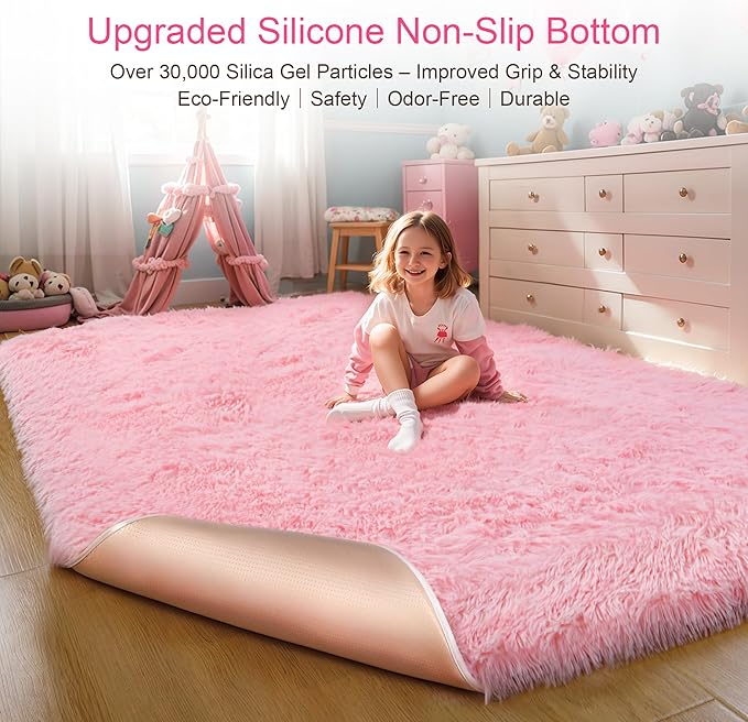 KICHOWUA Thick Area Rug Pink Fluffy Shag 3x5 for Girls Bedroom, Soft Cozy Fuzzy Plush Rug for Living Room, Machine Washable Shaggy Furry Pastel Carpet for Kids Toddler Boys Nursery Dorm Room