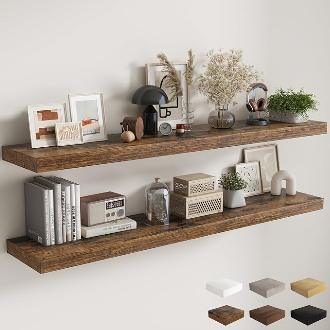 Fun Memories 72 Inch Floating Shelves, 12 Inch Deep Wall Shelf for Fireplace Mantel, Large Display Shelf & Storage Shelf, Wood Floating Wall Shelves for Home & Office, Rustic Brown, Set of 2