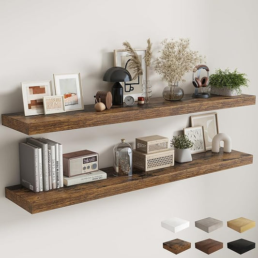 Fun Memories 72 Inch Floating Shelves, 12 Inch Deep Wall Shelf for Fireplace Mantel, Large Display Shelf & Storage Shelf, Wood Floating Wall Shelves for Home & Office, Rustic Brown, Set of 2