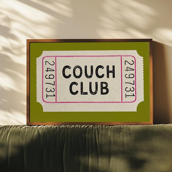 Vintage Canvas Wall Art Couch Club Ticket Wall Decor Retro Green Minimalist Quote Poster Fashion Green Aesthetic Posters Vintage Funny Artwork for Living Room Bedroom Home Decor, 24x16inch Unframed