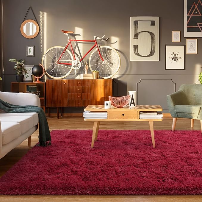 BENRON Fluffy Rugs for Living Room 5x8 Wine Red, Washable Large Area Rugs for Bedroom Dining Table Office Kids Nursery Room, Washable Indoor Floor Carpets