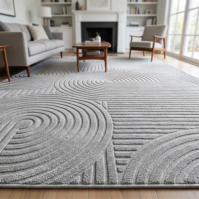 Grey 5x7 Solid Color Area Rugs – Washable Living Room Rug, Modern Geometric Non-Slip Indoor Carpet with Soft High-Low Pile, Fluffy Floor Rugs for Bedroom, Kids Room, Nursery, Home Décor