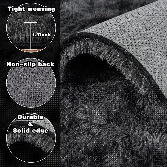 Area Rugs 9x12 for Living Room, Ultra Soft Fluffy Rugs for Bedroom, Non-Slip Furry Large Rug for Teen Girls and Boys,Nursery Kids Room Dorm Home Decor, High Pile Plush Floor Carpet, Dark Grey