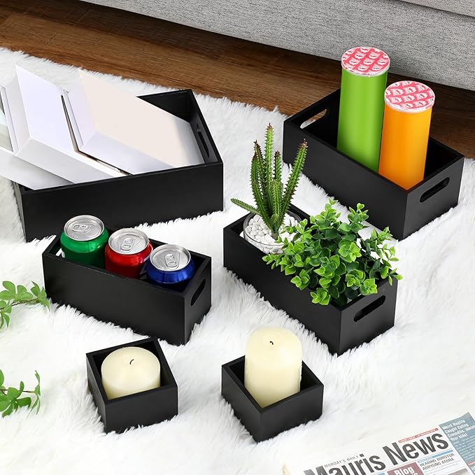 Set of 6 Wood Storage Boxes with Handles Wooden Nesting Crates Rustic Farmhouse Storage Container for DIY Crafts Party Home Table Decoration Display(Black)