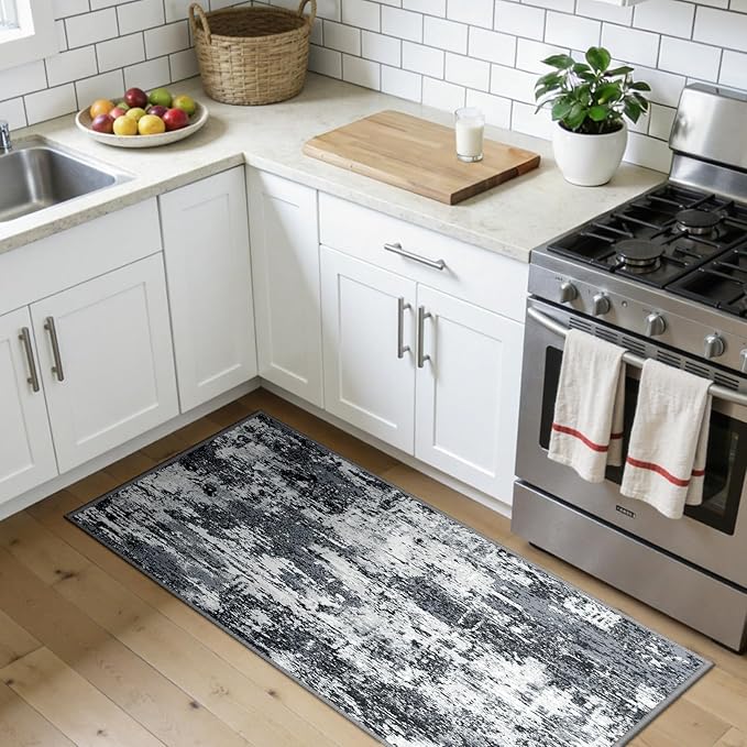 RELEANY Washable Area Rugs 2'x5' Non-Slip Modern Abstract Soft for Living Room Entryway Bedroom Nursery, Print Pattern, Black Navy Blue Gray