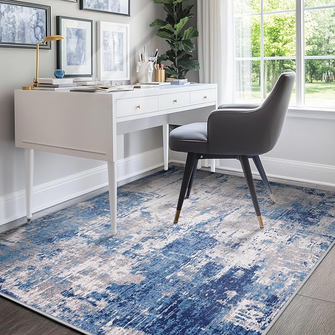 RELEANY Washable Area Rugs 5'x8' Non-Slip Modern Abstract Soft for Living Room Entryway Bedroom Nursery, Print Pattern, Blue Grey Navy Gray