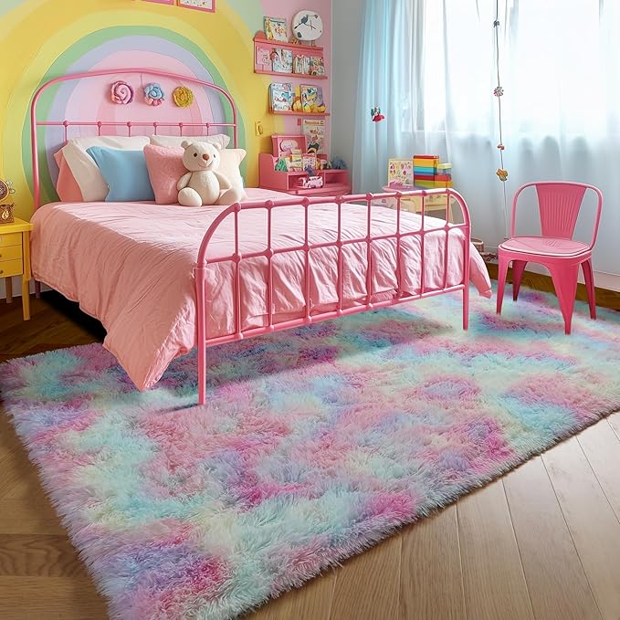 Amdrebio Rainbow Area Rugs for Girls Bedroom Kids Room Decor, 9x12 Large Pastel Colorful Rug for Playroom, Cute Unicorn Shaggy Rugs for Baby Princess, Kawaii Fluffy Plush Big Carpet for Living Room