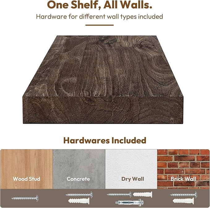 Vivelove Elm Floating Shelves for Wall Solid Wood, 24 Inches Long Rustic Wall Shelf With Invisible Bracket for Living Room Bedroom Bathroom Office Book, Farmhouse Display Shelf, Set of 2 - Dark Walnut