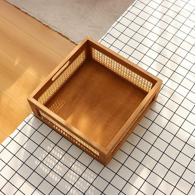 YAHUAN Woven Wooden Basket Wood Storage Crate Box, Bamboo Basket with Built-In Handles for Kitchen Pantry, Cabinet, Office, Bedroom, Rustic Country Decor (Brown)
