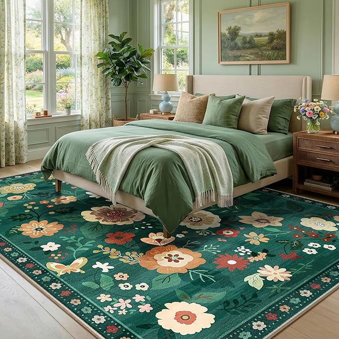 RELEANY Floral Nursery 9x12 Area Rugs Washable Print Boho Cute Carpet Non Slip Flower Low Pile for Living Room Kids Girls Playroom Bedroom Kitchen Office Farmhouse-Dark Green