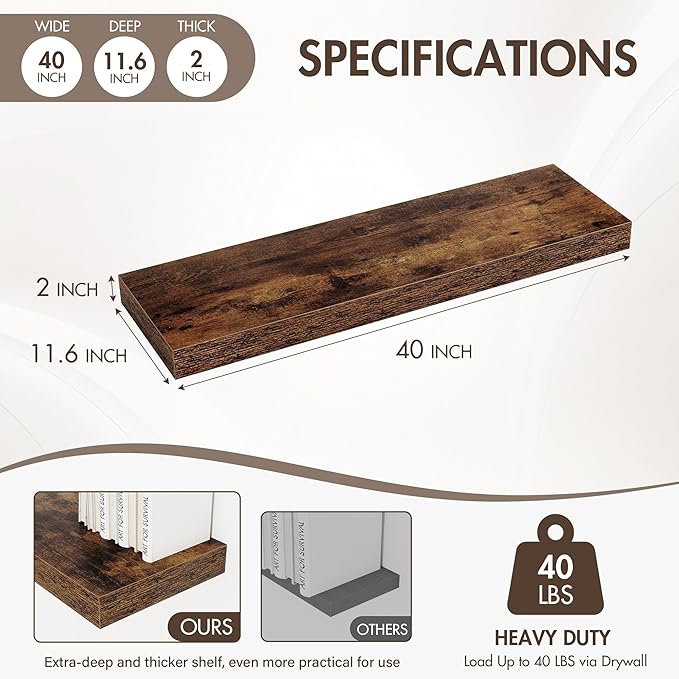 Acovy 40 Inch Floating Shelves, 12" Deep Floating Shelf Wall Mounted, 40" Wall Shelves, Rustic Deep Bookshelf, Extra Deeper & Thicker Display Shelves for Bedroom, Living Room, Brown, Set of 2