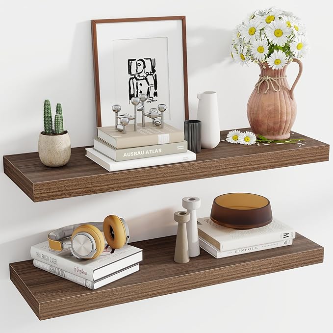 Acovy 36 Inch Floating Shelves, 12 Inch Deep Floating Shelves for Wall, Floating Shelf with Invisible Brackets, Deep Shelves for Bathroom, Bedroom, Living Room, 2 Pack, Walnut