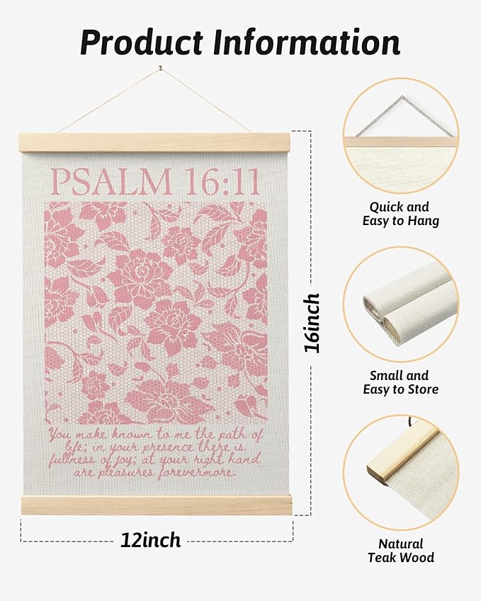 FGFK Pink Lace Floral Christian Wall Art Poster Hanger Frame, Christian Room Decor, Psalm 16:11 Bible Verse Canvas Prints Framed Wall Decor for Girls Bedroom Dorm Apartment, 12x16 Inch