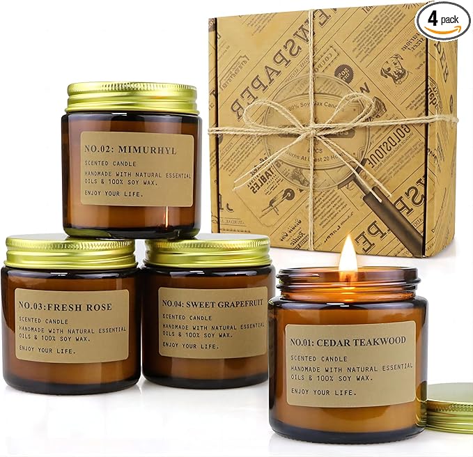 YFYTRE 4 Pack Scented Candle Set Soy Wax Candles, Aromatherapy Candles for Home Decoration, Jar Candles Gift for Women Mother with Amber Glass Jars and Kraft Wrapping