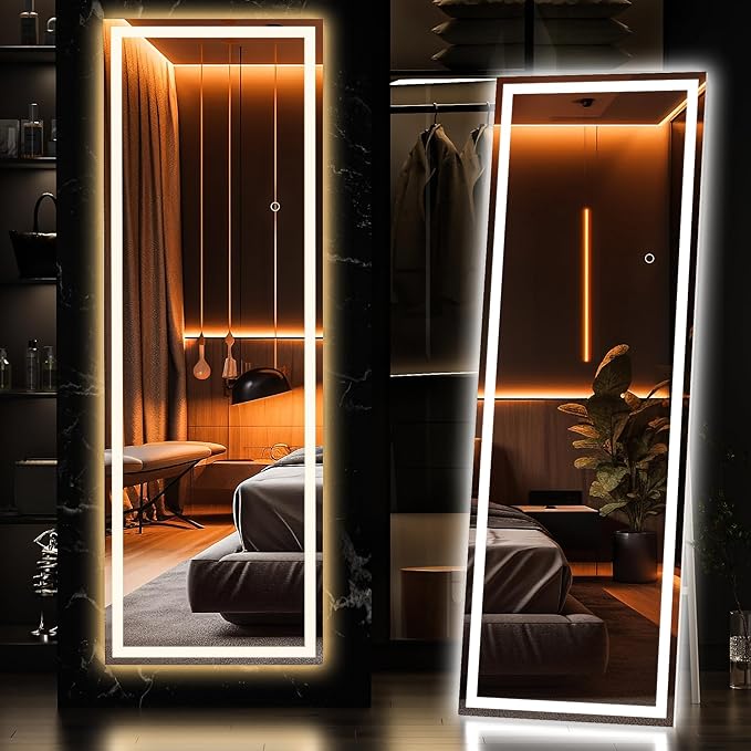 Hasipu Full Length Mirror with Lights, 56" x 15.8" LED Floor, Full Body Dressing Standing, Hanging Mounted Mirror, Square White