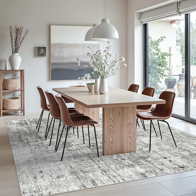 Soalmost Abstract Rug 8x10 Large Living Room Rugs Neutral Modern Washable Area Rugs for Bedroom Dining Room Non-Slip Stain Resistant Foldable Thin Rug Gray White