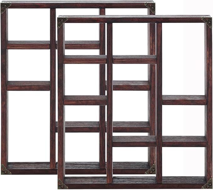 17.7x15.7-Inch Shadow Box Shelf 9-Slot Rustic Floating Shelves Larger Wall Mounted Shelf Lightweight Solid Wood Display Shelf Freestanding Farmhouse(Set of 2,9C-Rustic Walnut)