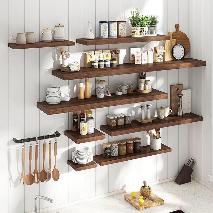 72 Inch Floating Shelves for Wall with Invisible Brackets Set of 2, 12"D Engineered Wood Wall Shelves with Wood Grain for Living Room, Bedroom, Bathroom, Kitchen Decor and Storage, Walnut Finish