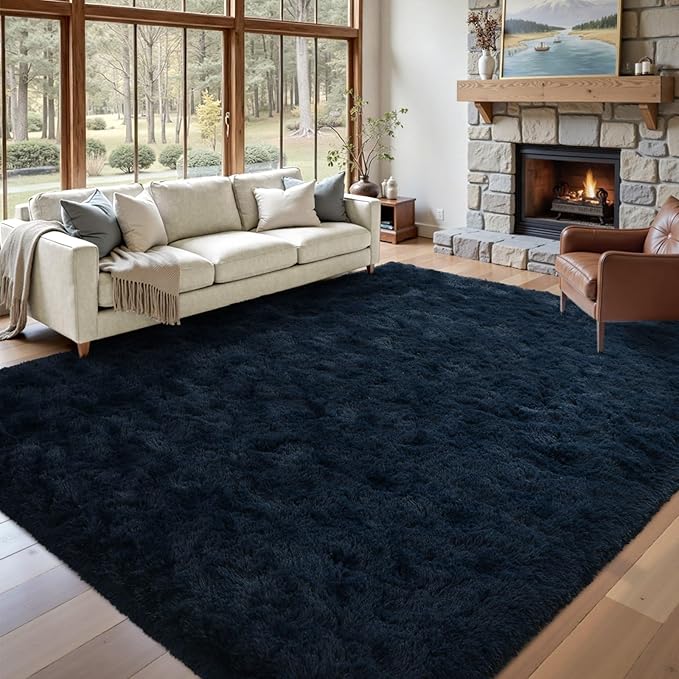8x10 Area Rugs for Living Room Fluffy Blue,Plush Soft Navy Blue Shag Carpet for Living Room Boys Book Room Nursery Kids Playroom Dorm Decor