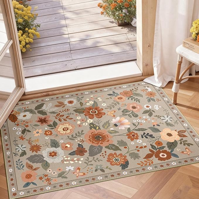 RELEANY Floral Nursery 2x3 Area Rugs Washable Print Boho Cute Carpet Non Slip Flower Low Pile for Living Room Kids Girls Playroom Bedroom Kitchen Office Farmhouse-Brown/Brick