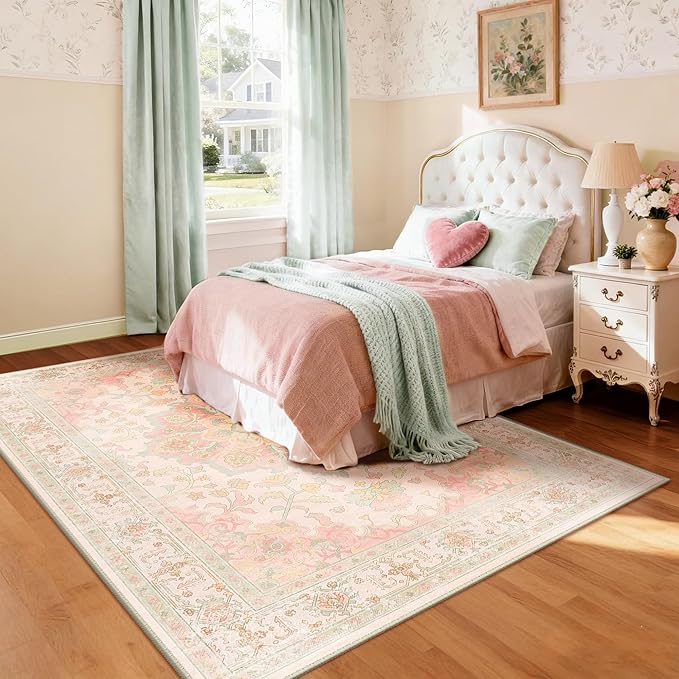 CAPALOCA Machine Washable Rugs Nursery Rug 9x12 Cute Girl Non Slip Low Pile Water Repellent Soft Print Pattern for Bedroom Indoor Decor Kids Playroom Pink Green