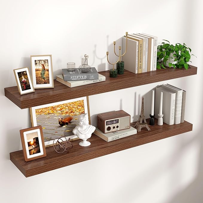 Venusmiles Floating Shelves for Wall 48 inch Long, Engineered Wood Wall Shelves with Invisible Brackets for Living Room Bedroom Bathroom Office Kitchen Decor and Storage, Walnut Finish, Set of 2