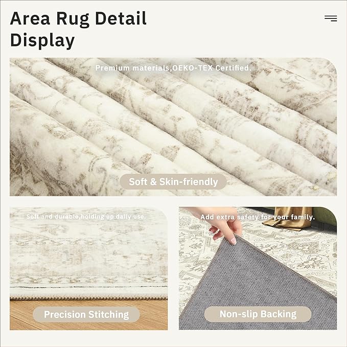 Soalmost 3x5 Rug, Small Area Rug for Kitchen, Entryway, Machine Washable Non-Slip Throw Rug, Vintage Carpet for Nursery Coffee Table Beige/Brown