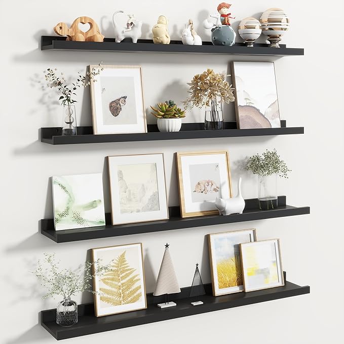 Fun Memories Picture Ledge Shelf, Black Floating Shelves Set of 4, 36 Inch Picture Shelves for Wall with Ledge, Large Nursery Book Shelf for Toys Storage, Living Room, Bedroom Decor Frames