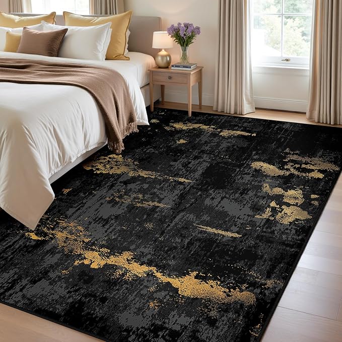 RELEANY Washable Area Rugs 4'x6' Non-Slip Modern Abstract Soft for Living Room Entryway Bedroom Nursery, Print Pattern, Dark Black Gold