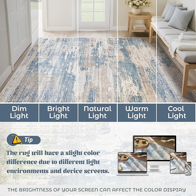 XLUEZ 6x9 Area Rugs for Living Room, Washable Modern Abstract Large Area Rug Neutral Soft Non Slip Kids Rug Stain Resistant Indoor Carpet for Bedroom Nursery Dining Room Playroom(BlueBeige, 6'x9')