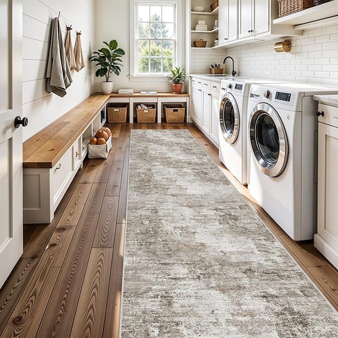 3x15 Ft Long Hallway Runner Rug - Non-Slip Washable Kitchen Runner Rug with Rubber Backing | Modern Abstract Wide Floor Carpet Runner for Indoor Entryway, Bedroom, Living Room (Beige, Grey)
